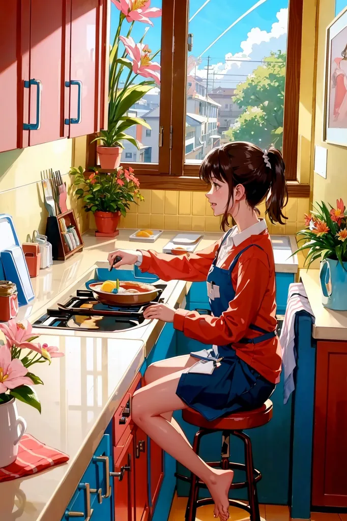 The image is of a girl cooking in a kitchen. She is wearing a red apron and a blue skirt. She has long brown hair and is barefoot. The kitchen is decorated with pink flowers and there is a large window that lets in the sunlight. She is cooking something in a frying pan.