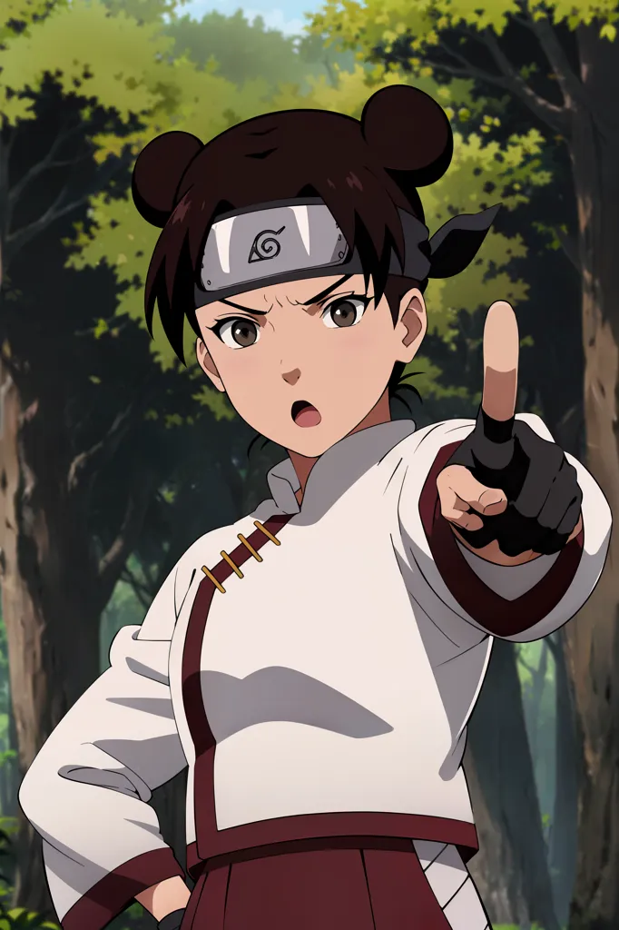 The image shows a young kunoichi from the anime series Naruto. She has brown hair and eyes, and is wearing a white and red outfit. She is pointing her finger at the viewer with a serious expression on her face. The background is a forest with green trees.