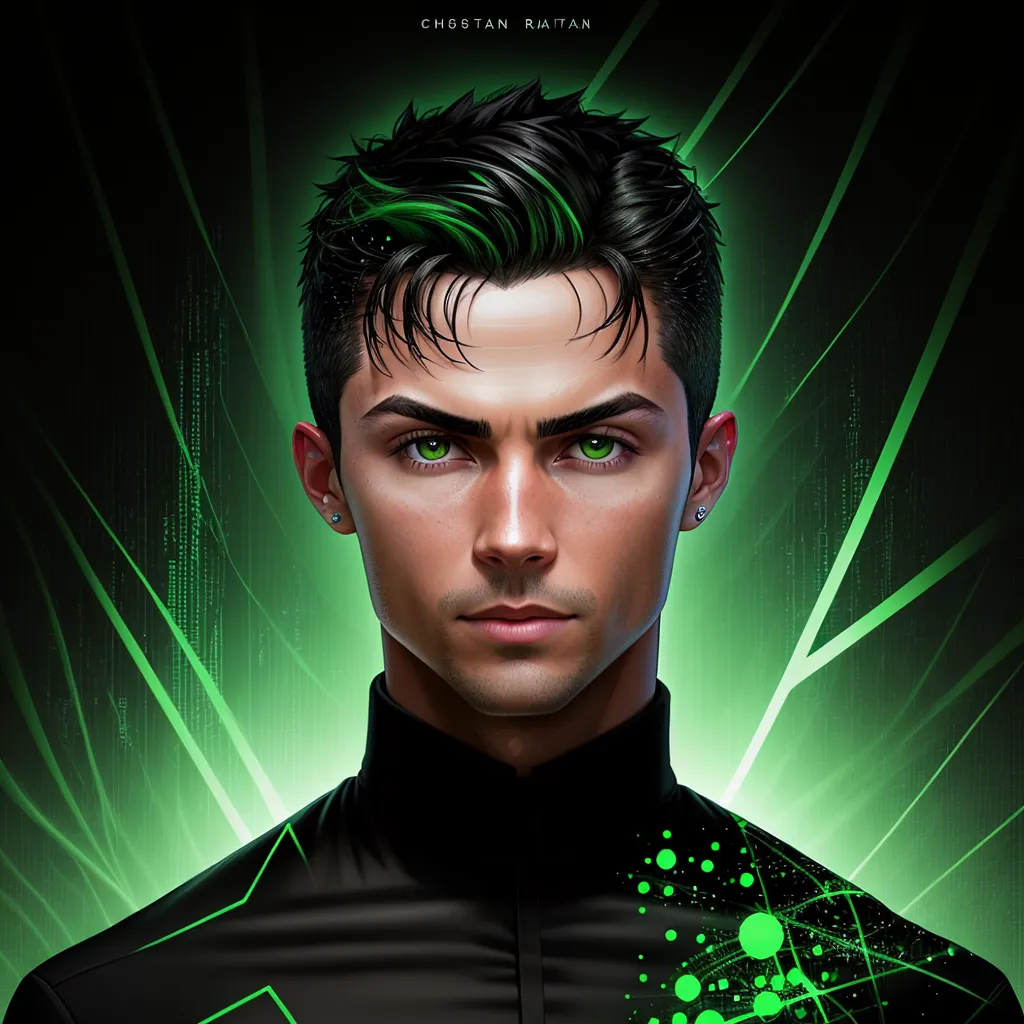 This is a picture of a young man with green eyes and green streaks in his hair. He is wearing a black shirt with a green pattern on the collar. He has a serious expression on his face. There are green lines of light in the background.