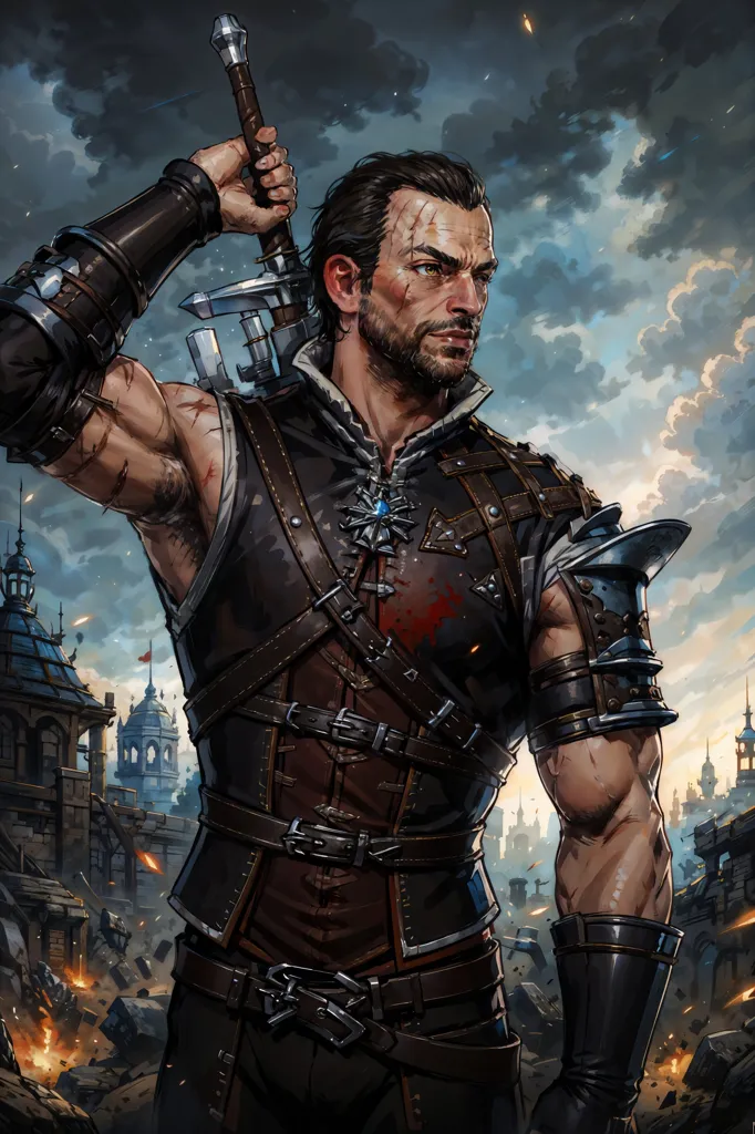 This is an image of a man holding a sword. He is standing in a ruined city. The man is wearing a brown leather jerkin and black trousers. He has a sword in his right hand and a dagger in his left hand. He has a scar on his face and a determined look in his eyes. The city is in ruins and there are fires burning in the background.