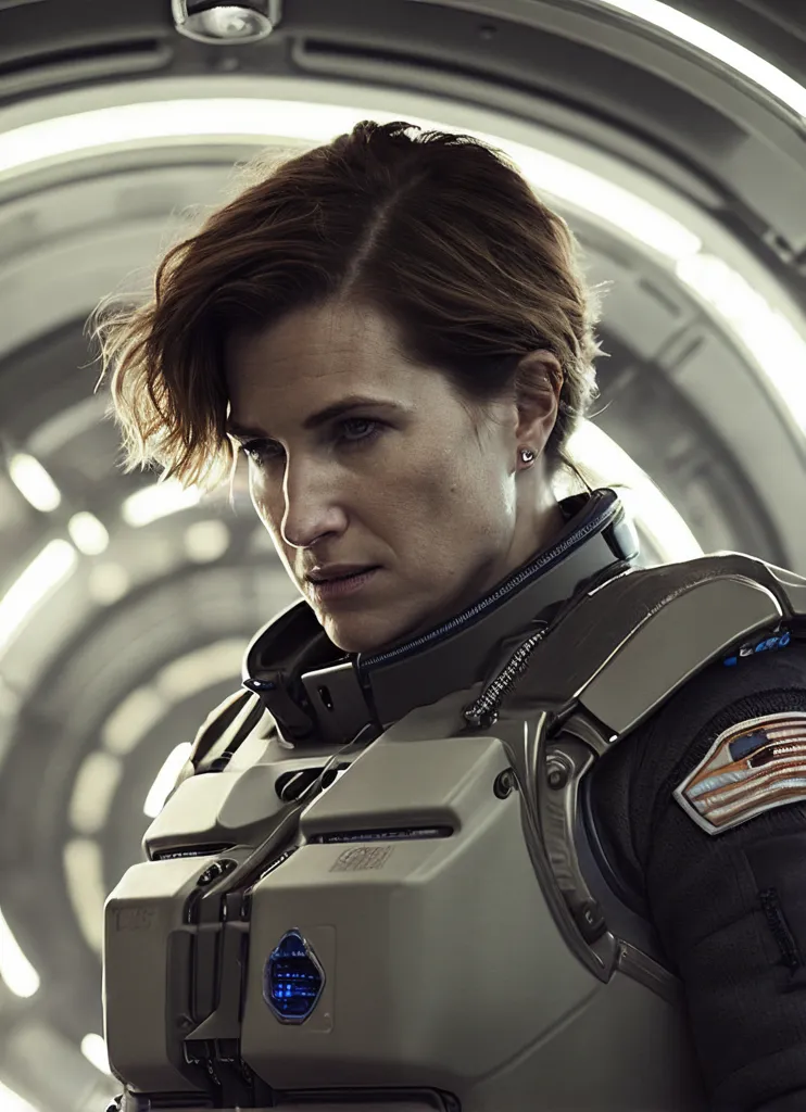 This is an image of a woman in a spacesuit. She has short brown hair, and her eyes are looking to the left of the frame. She is wearing a light-colored spacesuit with a dark-colored undersuit. The spacesuit has a lot of detail, including a patch on her shoulder with the American flag on it. She is also wearing a helmet with a visor. The background of the image is a spaceship, with a large circular opening behind her.