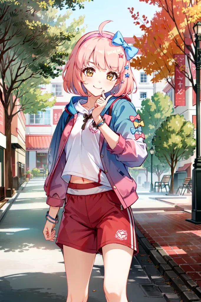 The image shows an anime girl with pink hair and yellow eyes. She is wearing a white shirt, a blue and pink jacket, and red shorts. She is also wearing a pink bow in her hair and has a pink bracelet on her right wrist. She is standing in a city street with trees and buildings in the background. The girl is smiling and has her finger on her lips.