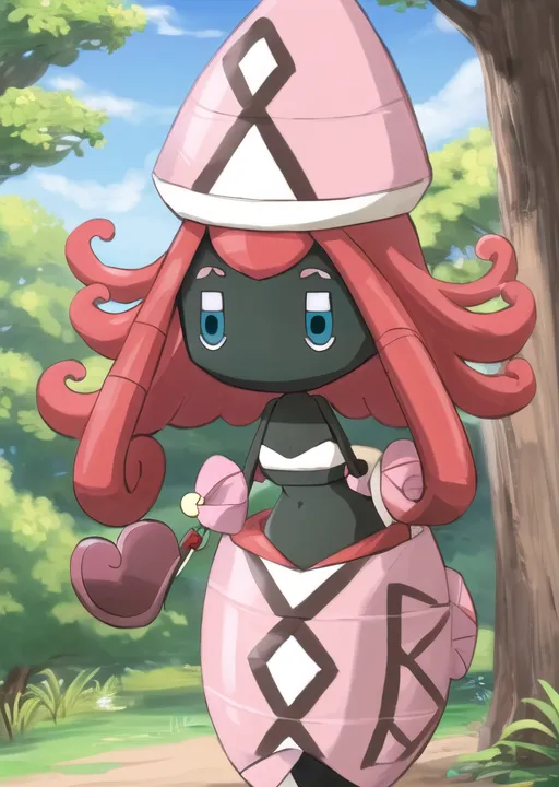 The image shows a Pokémon character. It is a small, pink, and black creature with a large head and a long, pointed hat. It has two large, blue eyes and a small, red mouth. It is wearing a pink and white striped bikini top and a pink skirt. It is also carrying a pink and white striped heart-shaped bag. It is standing in a forest with green trees and grass