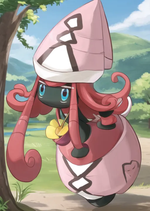 The image shows a Pokémon character. It is a pink and black squid-like creature with a white hat. It has six tentacles, three on each side of its head. It is standing on a green field with a river in the background