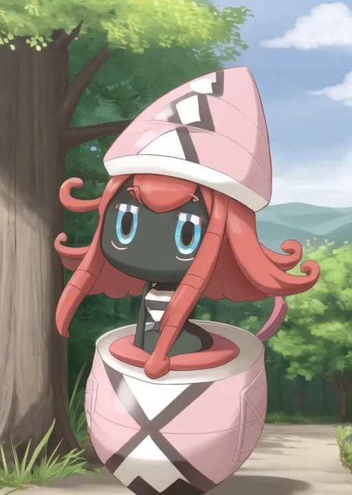 This image shows a Pokémon character. It is a small, pink, and black creature with a round body and a large head. It has two blue eyes, a small mouth, and a long, pointed nose. It is wearing a pink and white hat with a black band around the middle. It is also wearing a pink and white striped shirt. It is standing in a forest, and there is a large tree behind it