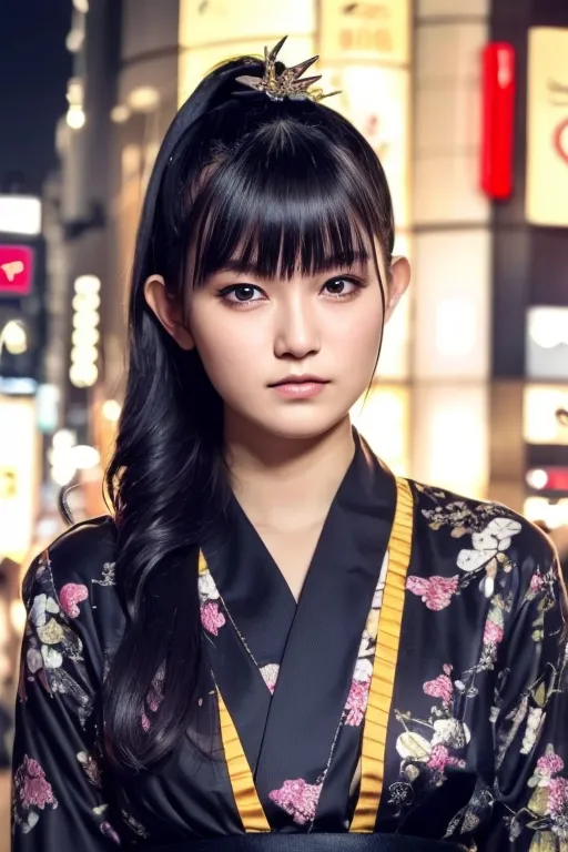 This is an image of a young woman with long black hair and bangs. She is wearing a black kimono with a floral pattern and a yellow obi. There is a large hair accessory in her hair. She has a serious expression on her face. The background is blurred.