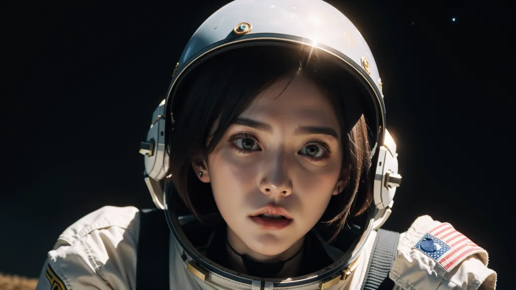 A young girl in a spacesuit is looking at the camera. She has short brown hair and brown eyes. The spacesuit is white with a clear bubble helmet. There is an American flag patch on her right shoulder. She is in a dark place, possibly space.