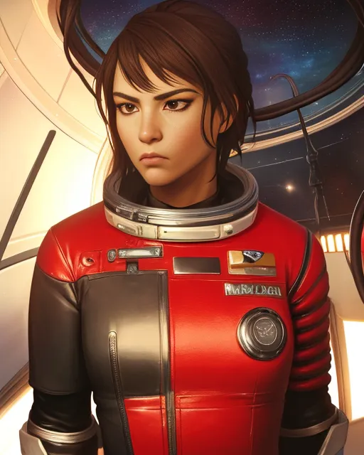 This is an image of a young woman in a spacesuit. She has short brown hair and brown eyes. She is wearing a red and black spacesuit with a clear bubble helmet. She is standing in front of a large window, looking out at the stars. There is a reflection of a planet in the helmet.