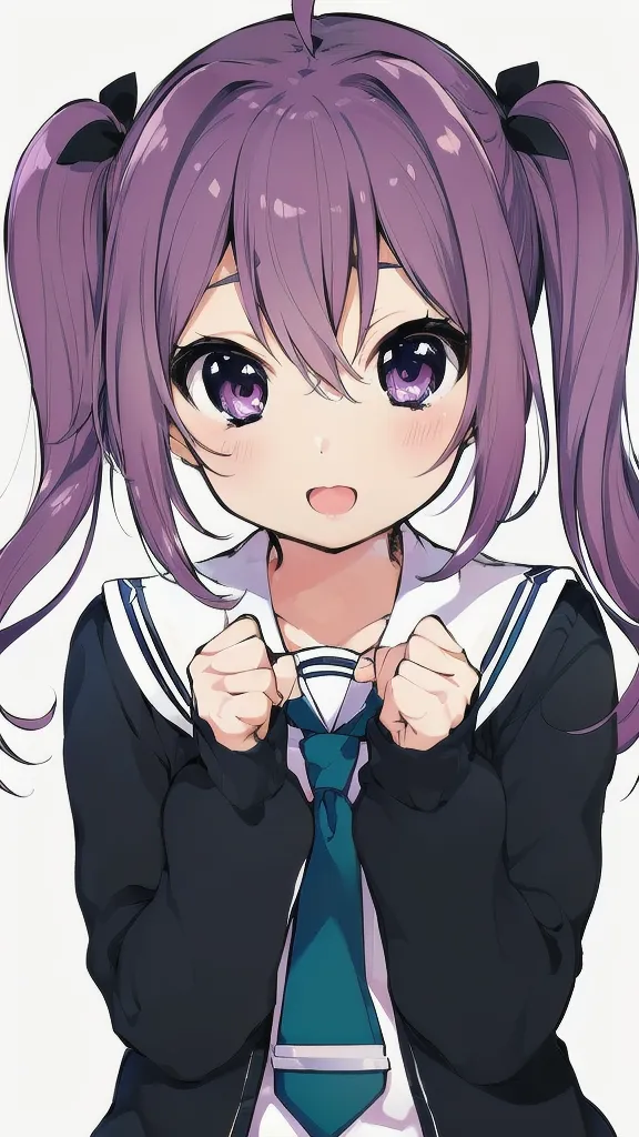 The image shows an anime-style girl with purple hair and purple eyes. She is wearing a white shirt, a black jacket, and a blue tie. Her hair is tied up in two ponytails. She has a happy expression on her face and is looking at the viewer.