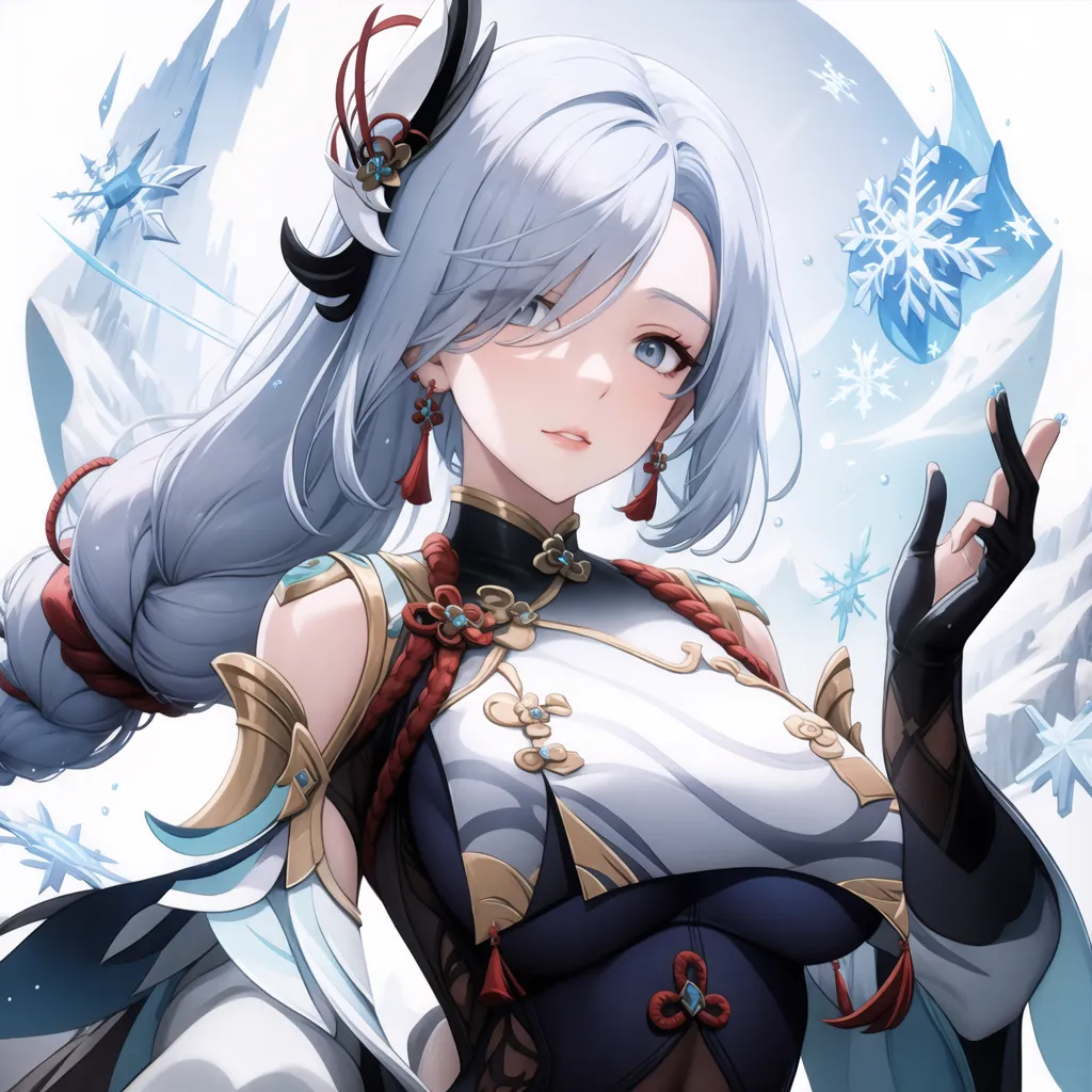 The picture shows a beautiful anime-style girl with long white hair and blue eyes. She is wearing a white and blue dress with a red ribbon in her hair. She has a gentle smile on her face and is surrounded by snowflakes.