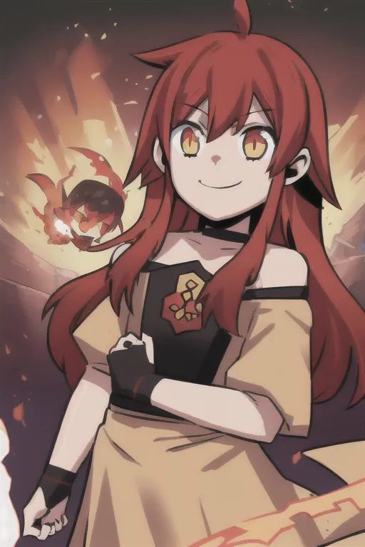 This is an image of a young girl with long red hair and yellow eyes. She is wearing a yellow and brown dress with a red gem on the chest. She has a small red creature with a yellow eye on her shoulder. She is standing in front of a fiery background with a determined expression on her face.