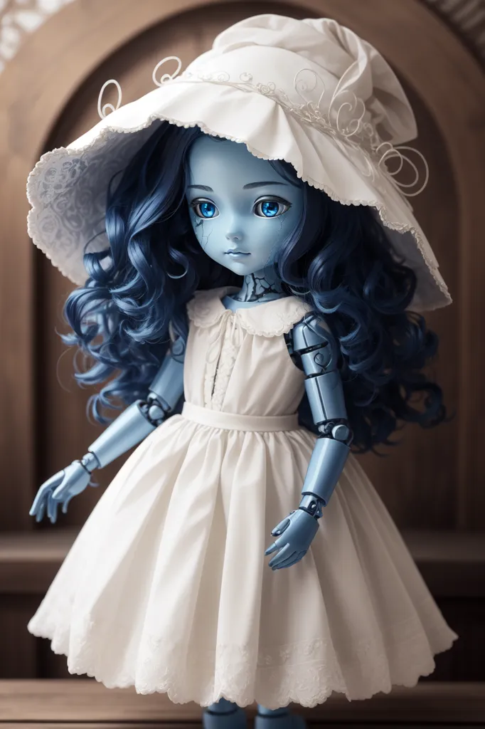 The image shows a doll with blue hair and blue eyes. She is wearing a white dress and a white hat. The doll is standing in front of a brown background. The doll's face is very detailed, with visible veins and a slight blush on her cheeks. She is wearing a necklace with a blue gem in the center. Her dress has a lace collar and a tulle skirt. The doll's arms and legs are made of metal, and her joints are visible.