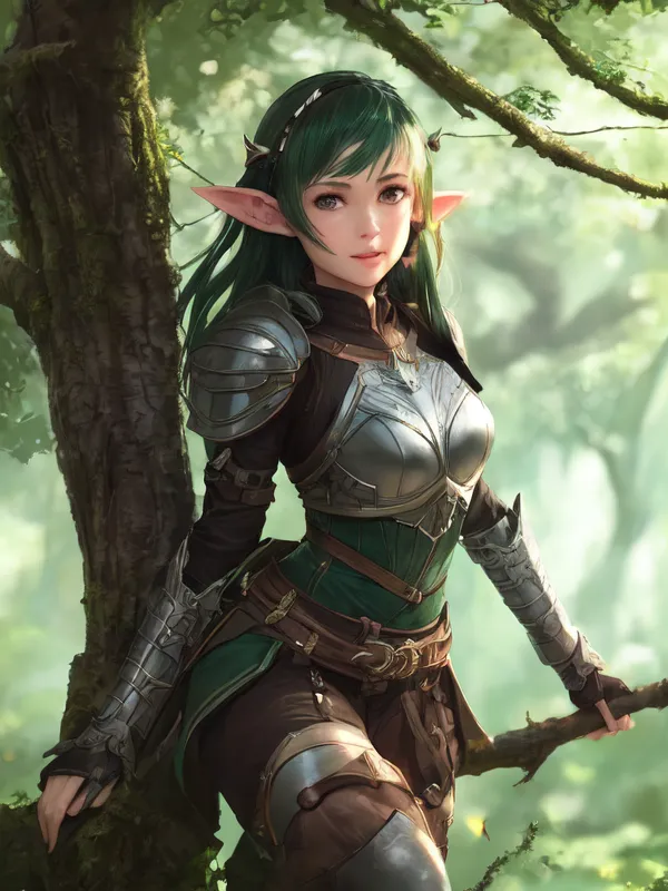 This image shows a female elf in a green and silver cuirass. She has green hair and eyes and is standing in a forest. She is leaning against a tree and looking at the viewer with a slight smile on her face. She is wearing a brown belt with a silver buckle and has a quiver of arrows on her back.