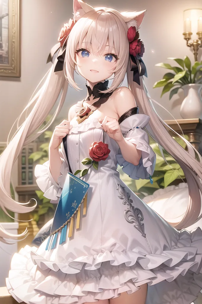 The image is of an anime girl with long white hair and blue eyes. She is wearing a white dress with a red rose on the front. She has a black choker on her neck and a blue ribbon in her hair. She is standing in a room with a white wall and a green plant in the background.