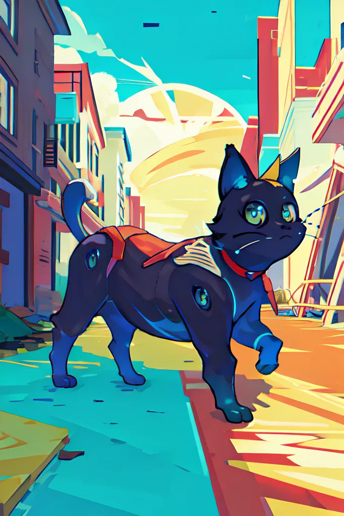 The image is a colorful illustration of a cat wearing a red cape and a crown. The cat is walking down a street in a city. The street is lined with buildings and there are clouds in the sky. The cat is black with blue eyes and has a confident expression on its face. The image is drawn in a semi-realistic style and the colors are vibrant and saturated.