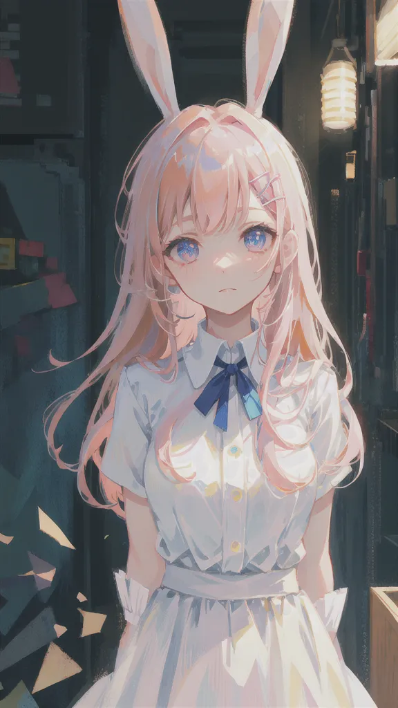 The image is a painting of a young girl with long pink hair and blue eyes. She is wearing a white shirt and a blue bow tie. She has rabbit ears and a small tail. She is standing in a dark room with a light coming from the right side of the image.