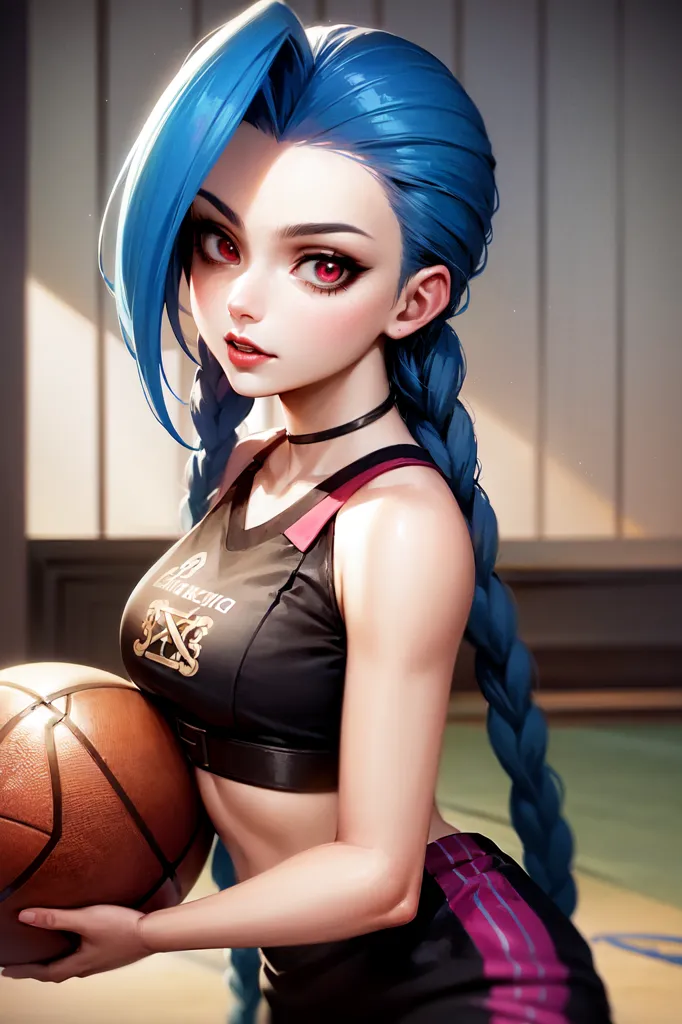 The image is of a young woman with blue hair and red eyes. She is wearing a black sports bra and shorts. She is holding a basketball in her hands. She is standing in a basketball court. The background is blurred.