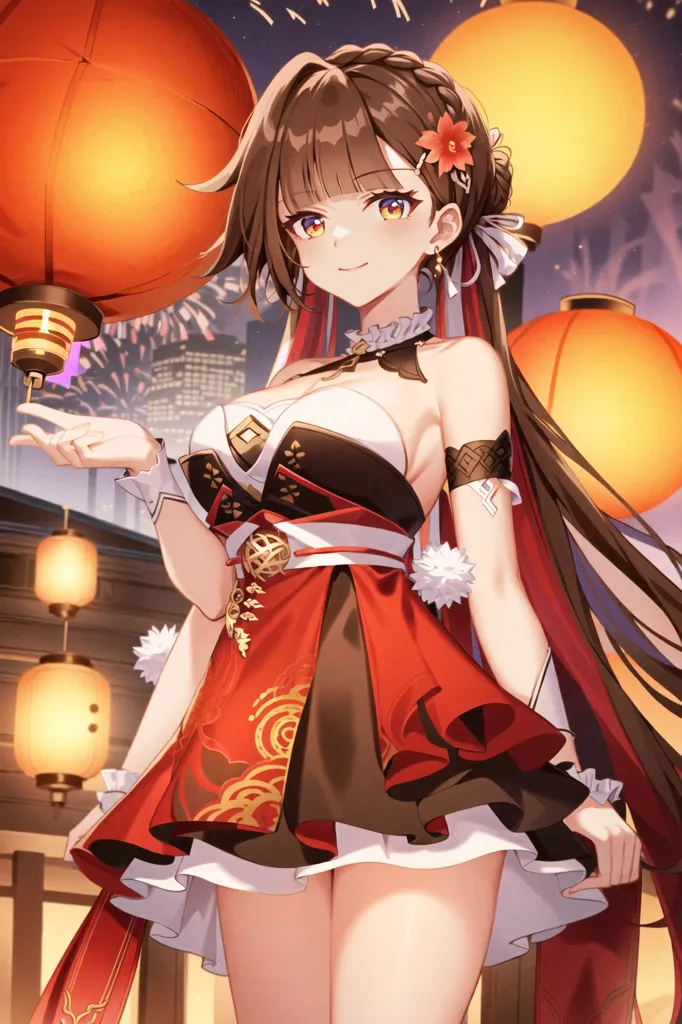 A imagem mostra uma garota de anime com cabelos castanhos longos e olhos roxos. Ela está usando um vestido vermelho e preto com uma saia branca. Há lanternas vermelhas e laranjas no fundo e fogos de artifício no céu.