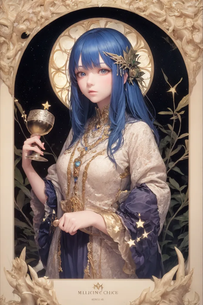 The image is a painting of a beautiful young woman with long blue hair. She is wearing a white and gold dress with a blue sash. She is holding a golden goblet in her right hand. There is a dark blue background with a crescent moon and stars. The painting is surrounded by an ornate frame with two dragons at the bottom.