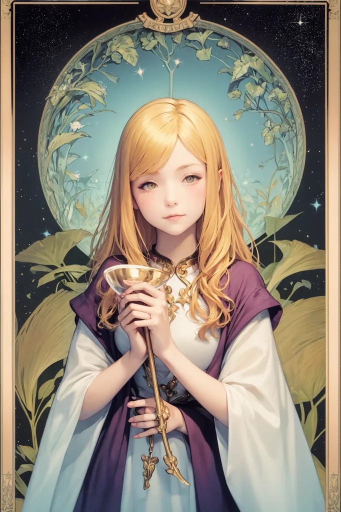 The image is a digital painting of a young woman with long blonde hair and blue eyes. She is wearing a white dress with a purple sash and a gold necklace. She is holding a golden cup in her hands. The woman is standing in front of a blue background with a crescent moon and stars. The image is surrounded by a frame of green leaves.