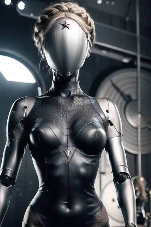 This is an image of a gynoid, which is a female robot. She has blonde hair that is braided and a silver mask that covers her face. She is wearing a black and silver bodysuit that is made of a material that looks like leather or latex. The bodysuit has a high collar and a sweetheart neckline. She is also wearing silver boots and gloves. She has a red star on her mask.