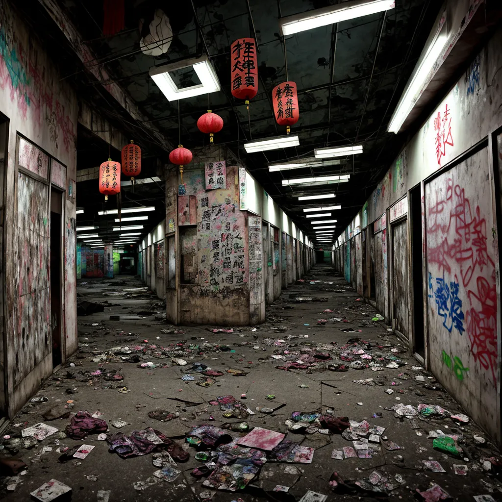 The image shows a long, abandoned corridor with red lanterns hanging from the ceiling. The walls are covered in graffiti and the floor is littered with debris. There are several doors along the corridor, all of which are closed. The corridor is dimly lit and has an eerie atmosphere.