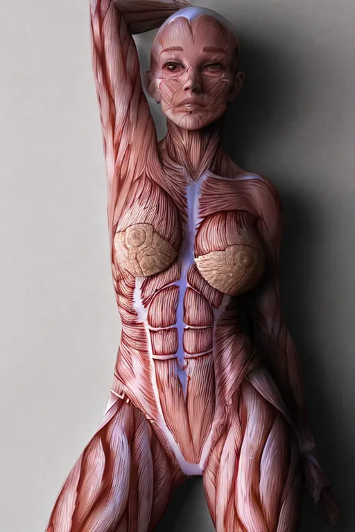 This image shows the detailed anatomy of a muscular female figure. The figure is standing with her left arm raised above her head and her right arm hanging at her side. The muscles of the figure's arms, chest, and abdomen are clearly visible, as well as the muscles of her legs and buttocks. The figure's skin is transparent, allowing us to see the muscles beneath. The figure's face is serene, with her eyes closed and her lips slightly parted.