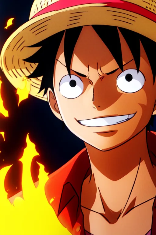 The image shows Monkey D. Luffy, the protagonist of the anime series One Piece. He is smiling and wearing his signature straw hat. He is surrounded by flames.