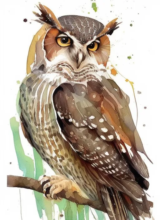 The image is a watercolor painting of an owl. The owl is perched on a branch, and is looking to the left of the viewer. It has brown and black feathers, with white speckles on its chest. The owl's eyes are yellow, and it has a hooked beak. The painting is done in a realistic style, and the artist has used a variety of techniques to create a sense of depth and texture. The background of the painting is white, with some green and yellow watercolor splashes.
