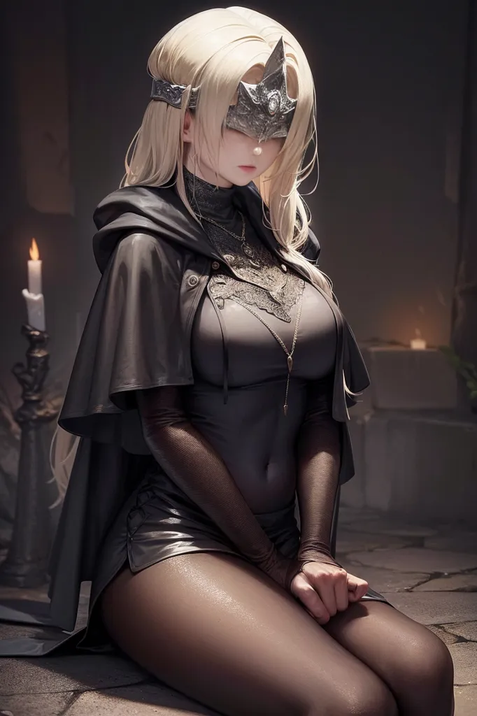 The image is of a woman with long blonde hair and pale skin. She is wearing a black leather dress with a hood and a silver mask. The dress is open at the chest, exposing her cleavage. She is kneeling on the ground with her hands clasped in front of her. There are two candles burning behind her.