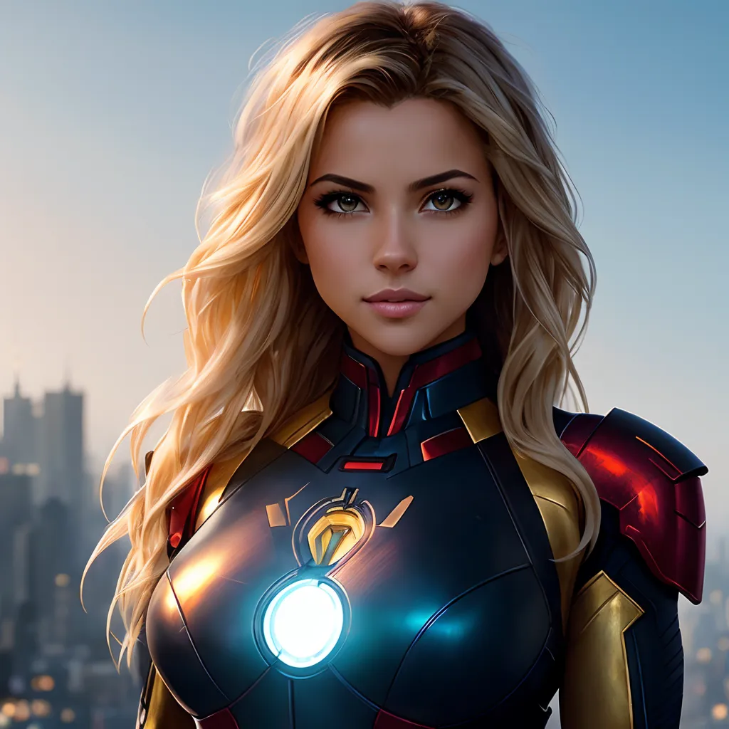 The image is of a young woman with long, flowing blonde hair. She is wearing a red and gold Iron Man suit of armor. The suit has a glowing arc reactor on the chest. The woman has a confident expression on her face, and she is looking to the left of the frame. The background is a blurred cityscape.