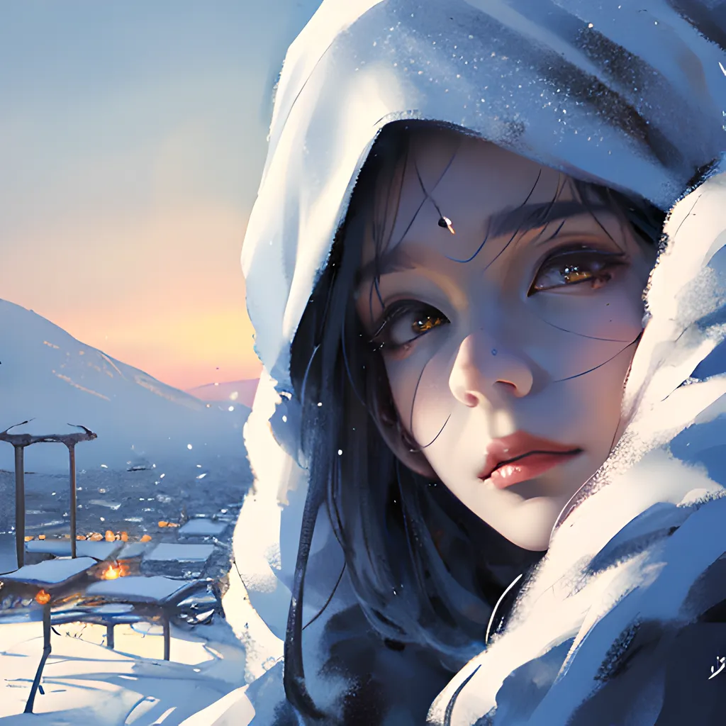 The image is a painting of a young woman in a white winter coat with a hood. The hood is trimmed with fur, and the coat is decorated with snowflakes. The woman's hair is black and her eyes are brown. She is looking at the viewer with a serious expression. The background is a snowy landscape with mountains in the distance. The painting is done in a realistic style, and the artist has paid close attention to detail. The woman's face is finely rendered, and the snowflakes on her coat are individually visible. The painting is also full of atmosphere, and the viewer can almost feel the cold of the snow and the wind.