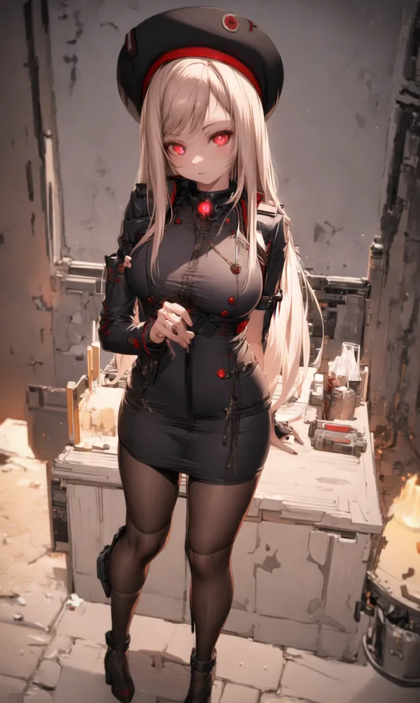 The image depicts a young woman with long white hair and red eyes. She is wearing a black military-style uniform with a red beret. The woman is standing in a room with a concrete floor and brick walls. There is a wooden crate behind her with various objects on it. The woman has a serious expression on her face and is looking at the viewer.
