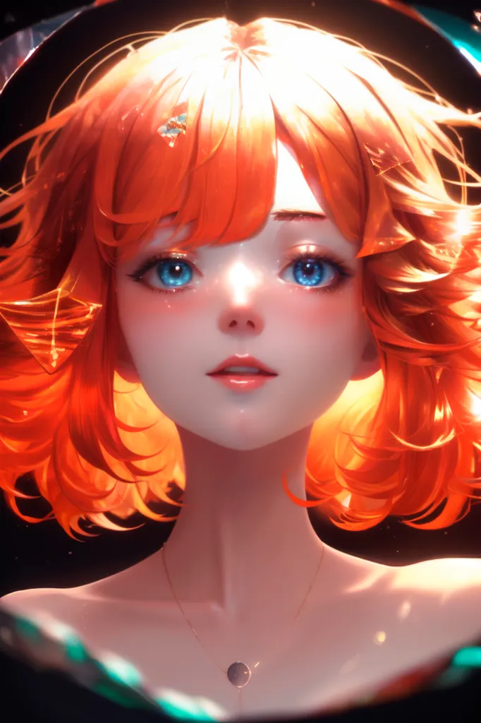 The image is a painting of a young woman with orange hair and blue eyes. She is wearing a necklace with a blue pendant. The background is dark with a glowing light around her head. The painting is in a realistic style and the woman's expression is soft and serene.