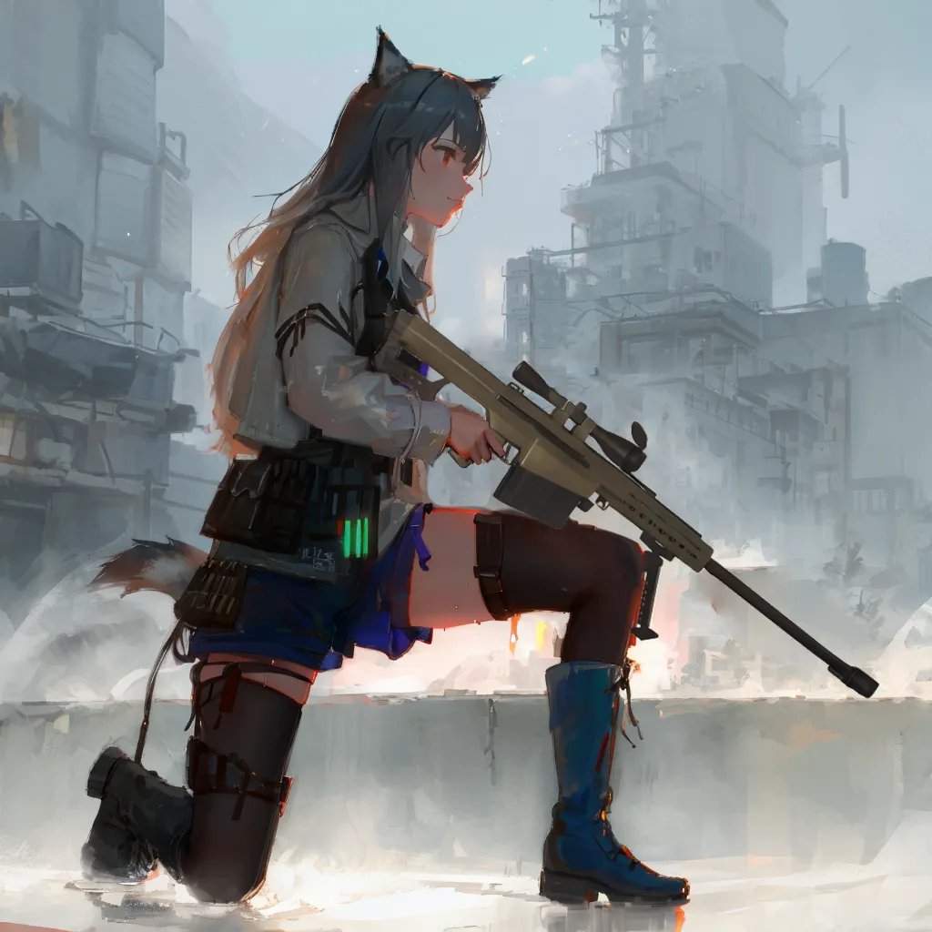 The image depicts an anime-style girl with wolf ears and a sniper rifle. She is dressed in a white jacket, blue skirt, and black boots. She is kneeling on one knee and looking through the scope of her rifle. There are ruins of a city in the background.