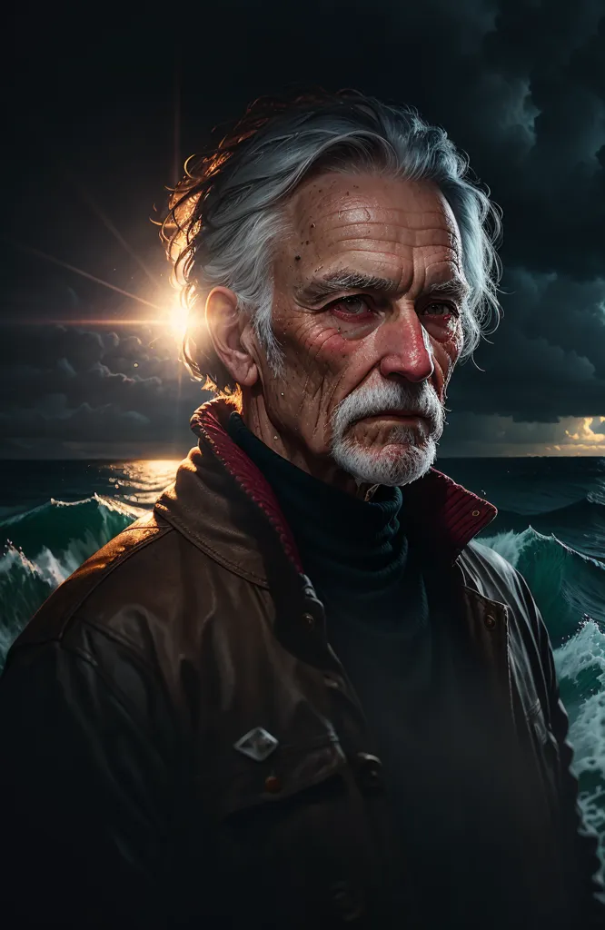 The image shows an old man with white hair and a beard. He is wearing a brown leather jacket and a black turtleneck sweater. The man's face is weathered and lined with wrinkles. He has a strong jaw and a determined expression in his eyes. The background of the image is a stormy sea. The waves are crashing against the rocks and the wind is whipping through the man's hair and clothes. The man is standing in the foreground of the image and he is looking out at the storm. He is not afraid of the storm. He is facing it head-on. The image is a metaphor for life. The man is facing the challenges of life with the same determination and strength that he is facing the storm.