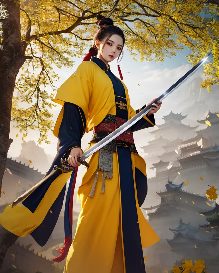 This is an image of a woman in a yellow and blue outfit, holding a sword. She is standing in a forest, with a large tree behind her. In the background, there is a Chinese style building. The woman has long black hair and brown eyes. She is wearing a yellow robe with a blue sash, and she has a sword in her right hand. She is standing in a determined pose, and she looks like she is ready to fight.