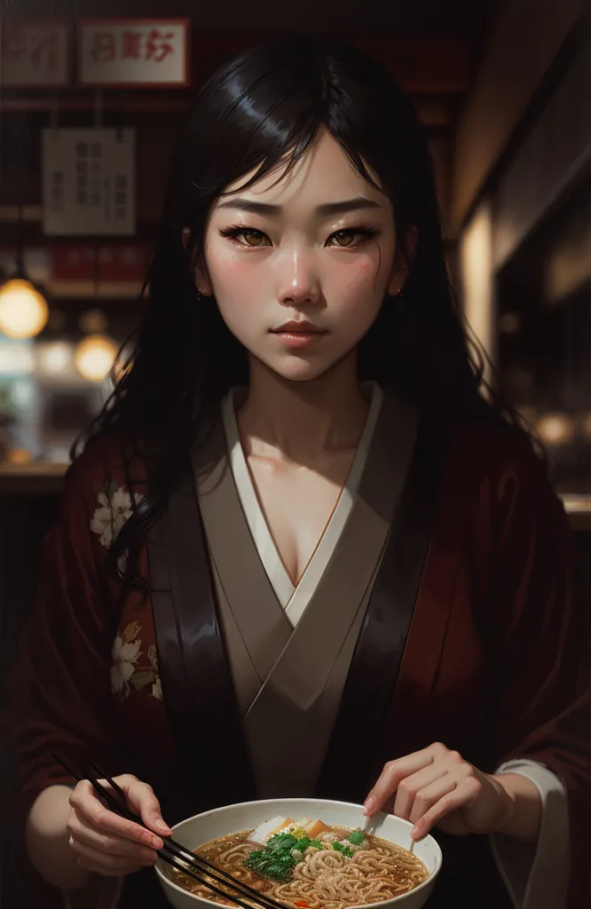 A imagem mostra uma mulher jovem com cabelos pretos longos. Ela está usando um quimono tradicional japonês com um padrão floral. A mulher está sentada à mesa e comendo uma tigela de ramen. Ela está segurando os hashis com a mão direita e olhando para a câmera com uma expressão séria. O fundo está desfocado e mostra um restaurante japonês.