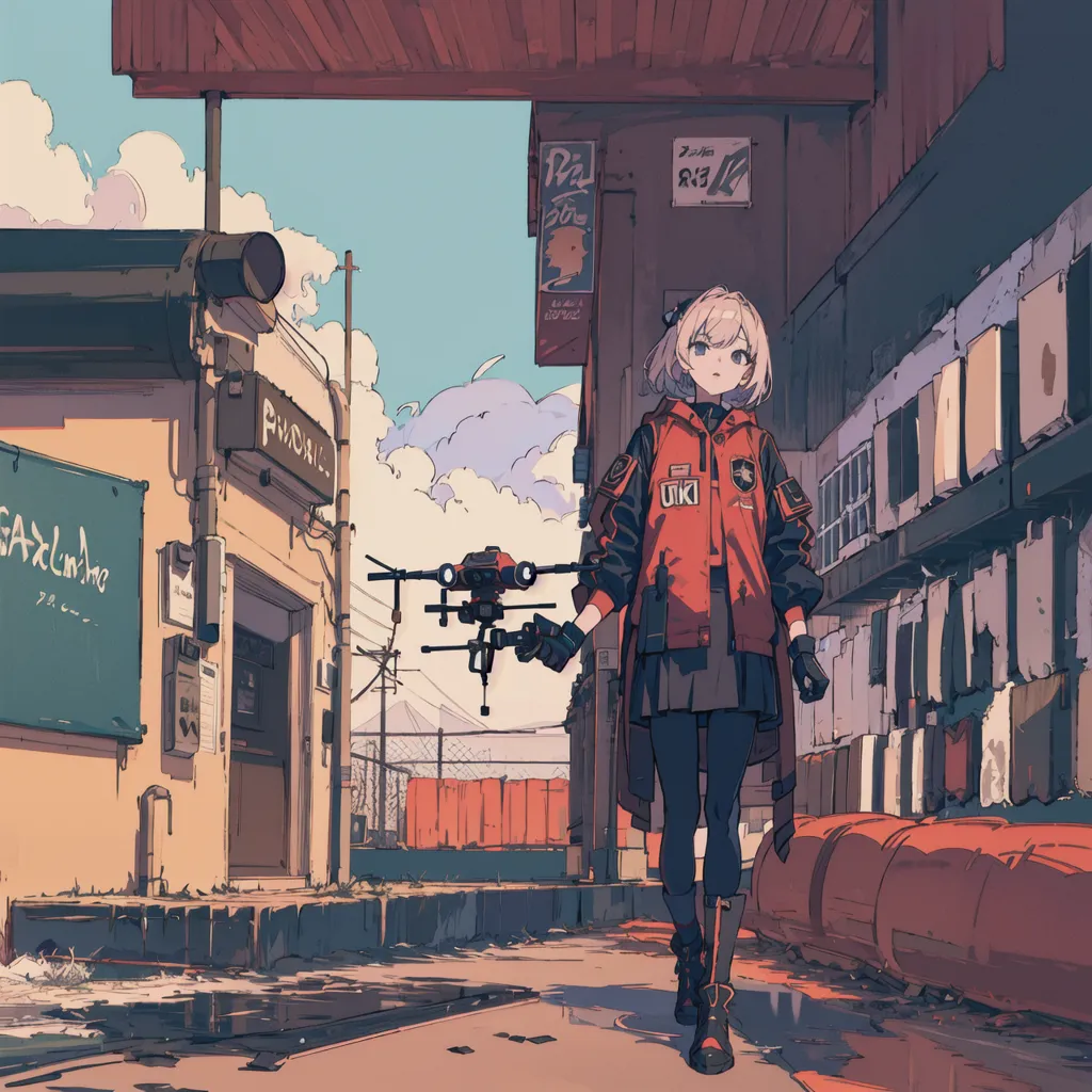 A girl with short white hair and red eyes is walking down a street in a futuristic city. She is wearing a red jacket, a black skirt, and black boots. She is carrying a gun in her right hand and a drone is flying next to her. The street is lined with tall buildings and there are various signs and advertisements on the walls. The sky is cloudy and there is a hint of rain in the air.