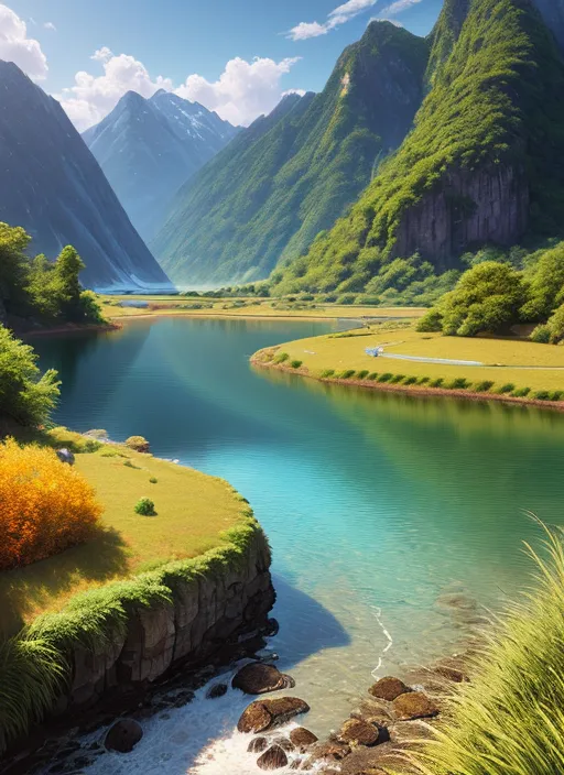 The image is of a beautiful landscape with a river running through the middle. The water is a crystal-clear blue-green color, reflecting the sky above. The river is surrounded by lush green hills and mountains, with snow-capped peaks in the distance. The sky is a clear blue, with a few white clouds dotting the horizon. The foreground of the image is a rocky outcropping, with a small waterfall to the left. The rocks are covered in moss and ferns, and there are a few trees growing on the edge of the cliff. The image is peaceful and serene, and captures the beauty of nature.