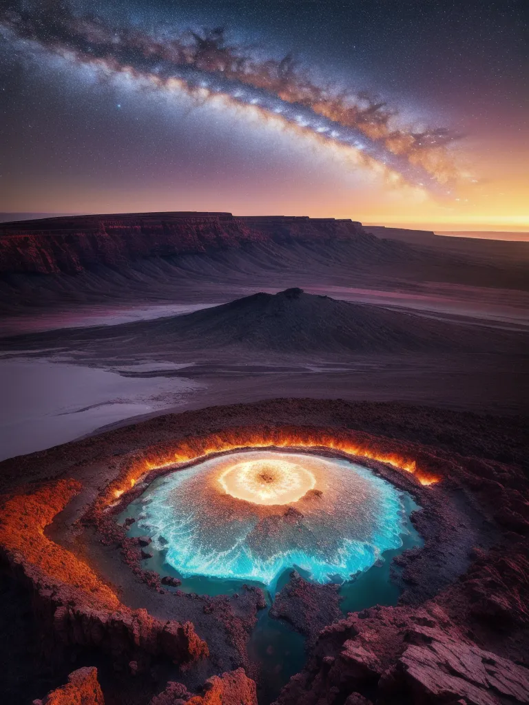The image shows a large crater in the middle of a desert. The crater is filled with a glowing blue liquid, and the surrounding rock is a deep red. The sky above is dark, and there are stars and a bright, defined Milky Way. The crater is located in a mountainous area, and there are large cliffs in the background.
