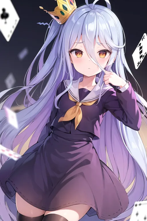 The image shows an anime-style girl with long purple hair and yellow eyes. She is wearing a purple dress with a white collar and a yellow tie. She also has a gold crown on her head. The girl is sitting in a dark room with playing cards floating around her. She has a sad expression on her face.