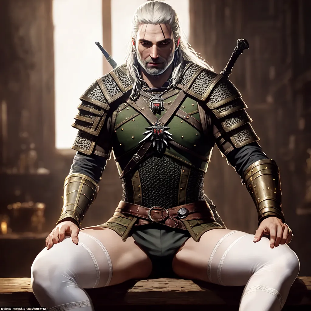 The image contains a man with long white hair and a beard. He is wearing a green shirt, brown pants, and a metal chest plate. He is also wearing a sword on his back and a pouch on his hip. He is sitting on a wooden chair with his legs crossed and his hands resting on his thighs. He has a confident expression on his face.