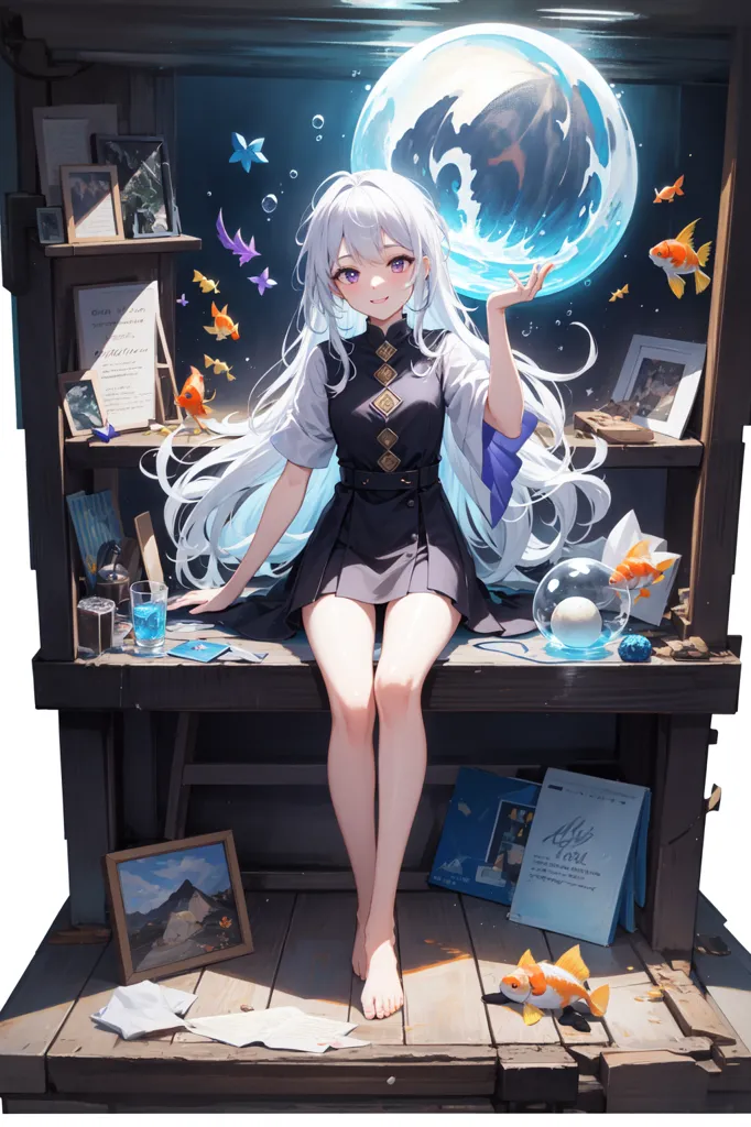 The image is of an anime girl with long white hair and purple eyes. She is wearing a black and white dress with a white collar. She is sitting on a wooden table with her legs hanging off. On the table is a glass of water, a book, and a fishbowl with a goldfish in it. There are also some papers and other objects on the table. The girl is holding a bubble with a fish in it. She is looking at the bubble with a smile on her face. The background is a blue-grey color with some white stars and sparkles.