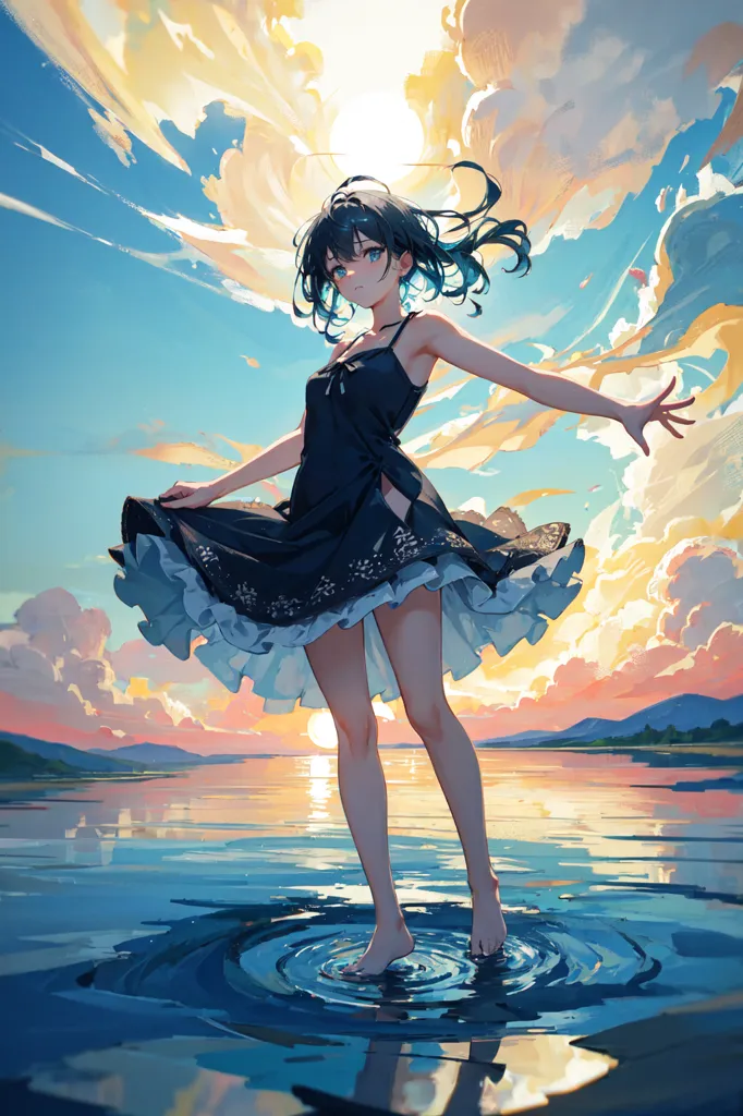 This is an image of a girl standing on the water. She is wearing a black dress with a white camisole. She has long blue hair and blue eyes. She is standing with her arms outstretched and her eyes closed. The water is rippling around her feet. The background is a sky with clouds and mountains in the distance.