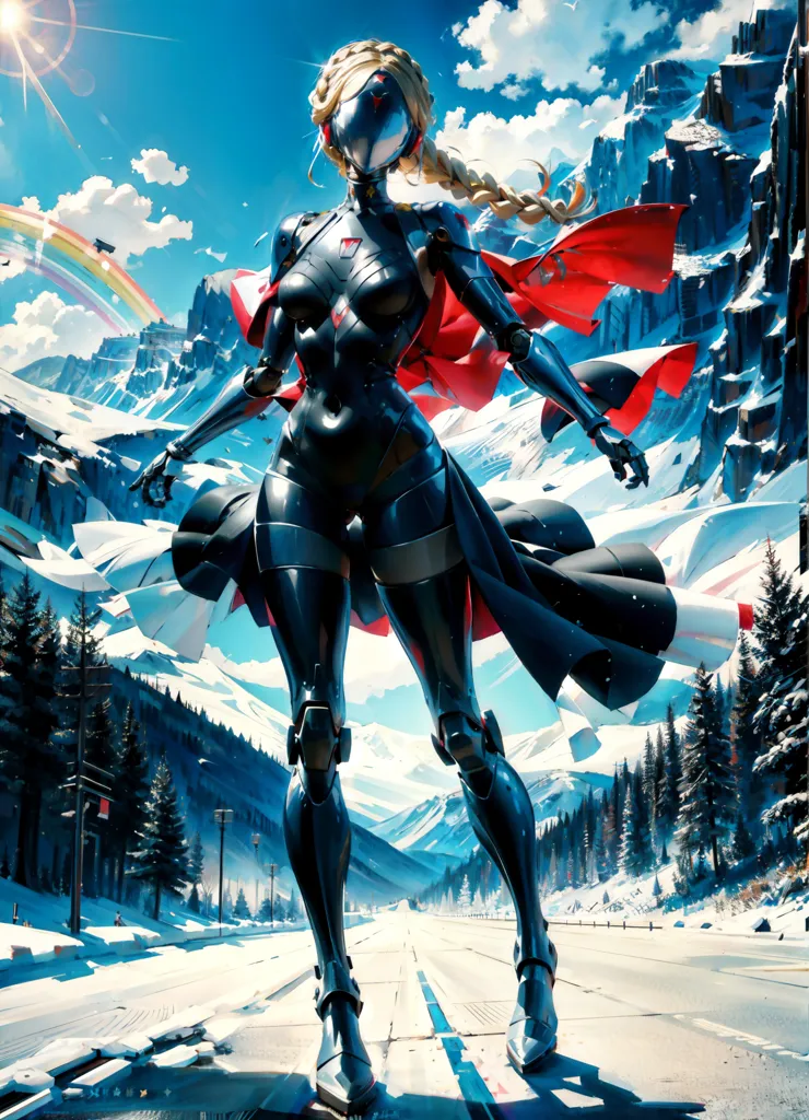 This is an image of a woman wearing a black and red bodysuit with a red cape. She is standing on a snowy road in the mountains. There are trees on either side of the road and a rainbow in the sky. The woman is wearing a helmet and has a braid of blonde hair. She is also wearing a pair of skis.