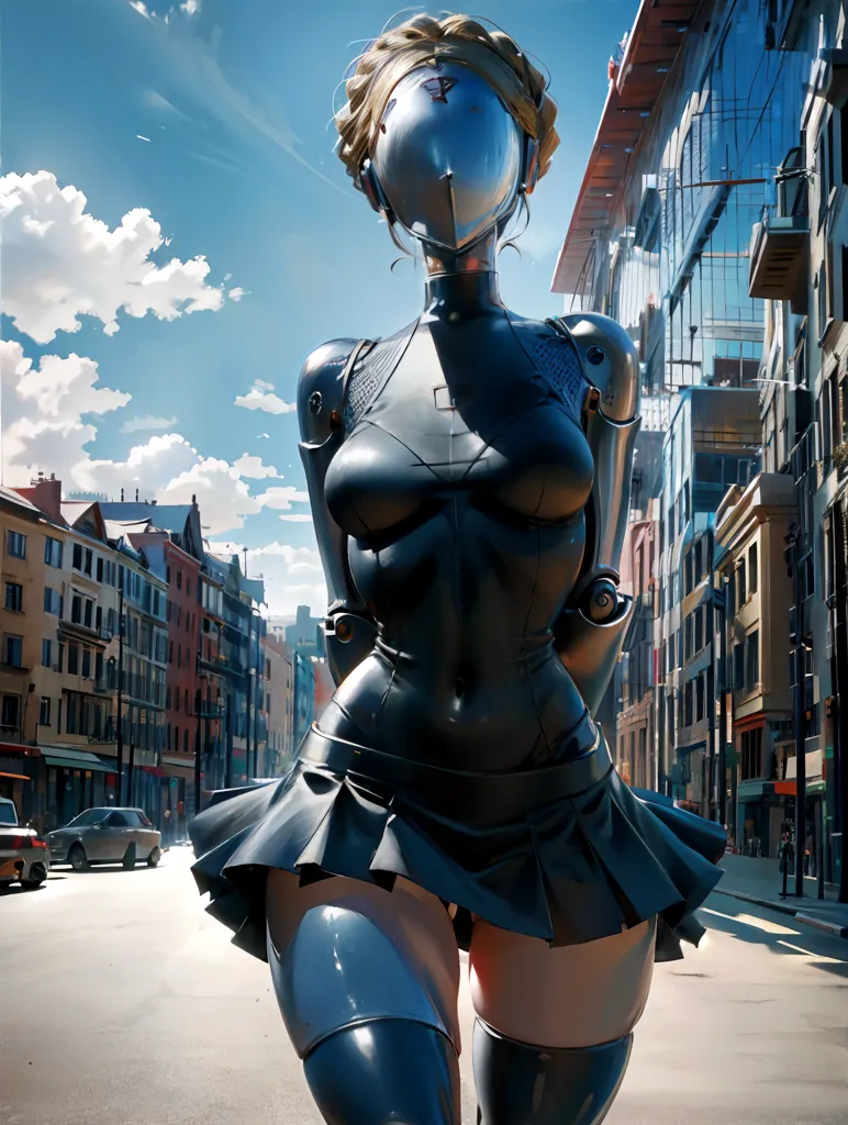 This is an image of a gynoid, a female robot, standing in a city street. She is wearing a black bodysuit and a short black skirt. Her face is partially covered by a mask, and her eyes are glowing white. She is also wearing a pair of boots and a belt. The background of the image is a city street with buildings on either side. The sky is blue, and there are some clouds in the distance.