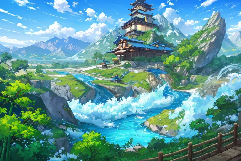 The image is a beautiful landscape of a valley with a river running through it. The valley is surrounded by tall mountains and there is a traditional Japanese house on the right side of the image. The house is surrounded by trees and there is a small bridge leading up to it. The river is wide and there are some rocks in the middle of it. The sky is blue and there are some clouds in the sky. The image is very peaceful and relaxing.