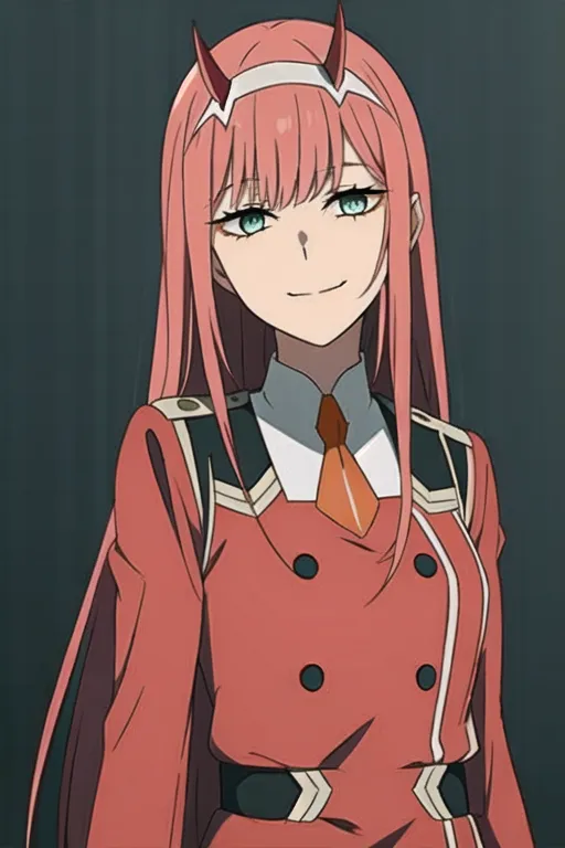 The image shows a young woman with long pink hair and green eyes. She is wearing a red military-style uniform with a white collar and black tie. She has a confident smile on her face and is looking at the viewer. She has two small horns protruding from her head.