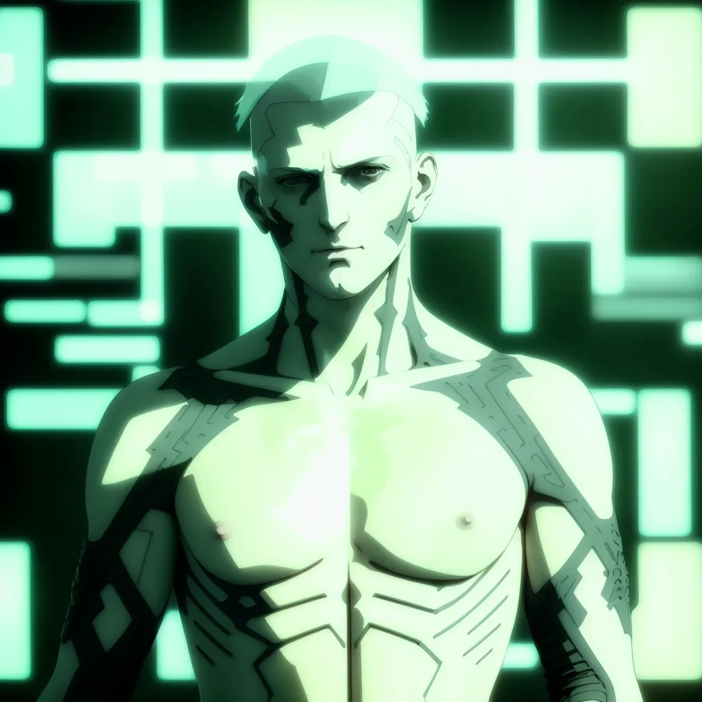 The image is of a man with short white hair and green eyes. He is muscular and shirtless, with a number of tattoos on his body. He is standing in front of a green background that is made up of a grid of squares. The man has a serious expression on his face. He is looking at the viewer with his head tilted slightly to the right.